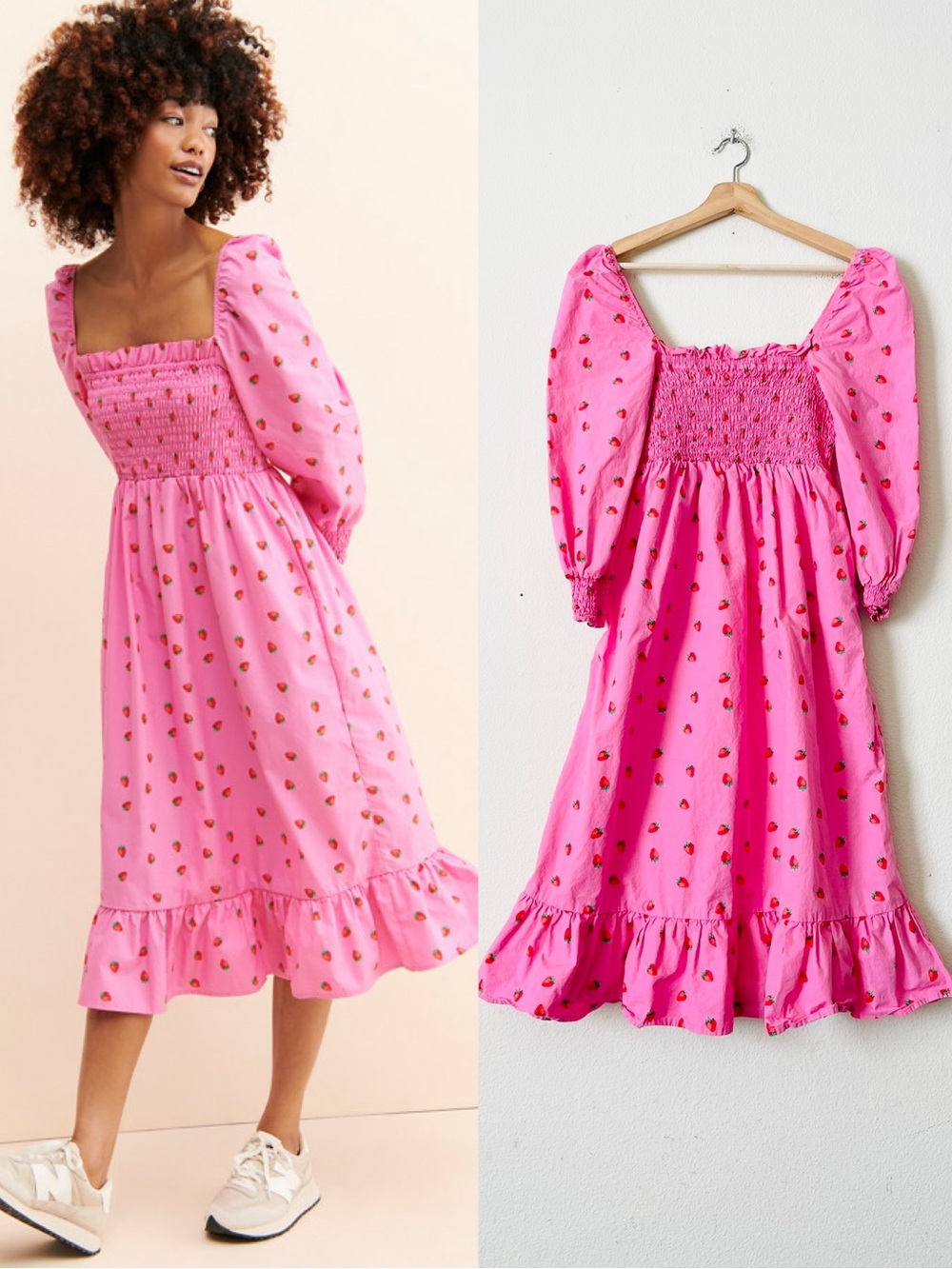 Cras Denmark SIZE 36 Florence pink strawberry print smocked midi dress